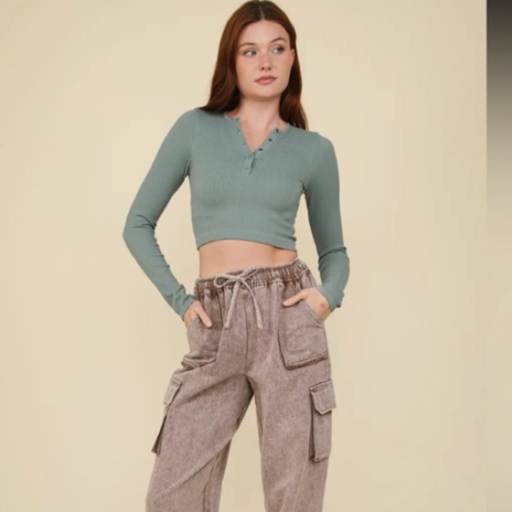 NEW IN Light Sage Ribbed Button Down Shirt